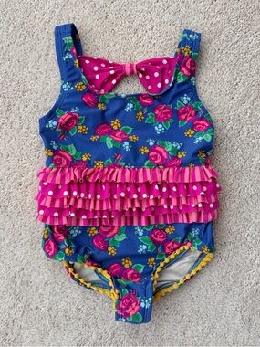 Matilda Jane Blue Floral One-Piece Swimsuit with Pink Ruffles